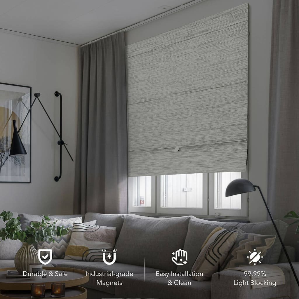 GoDear Design 99.99% Blackout Magnetic Roman Shades, No Drill Cordless Woven Fabric Blinds-Multiple Widths Available, Ivory