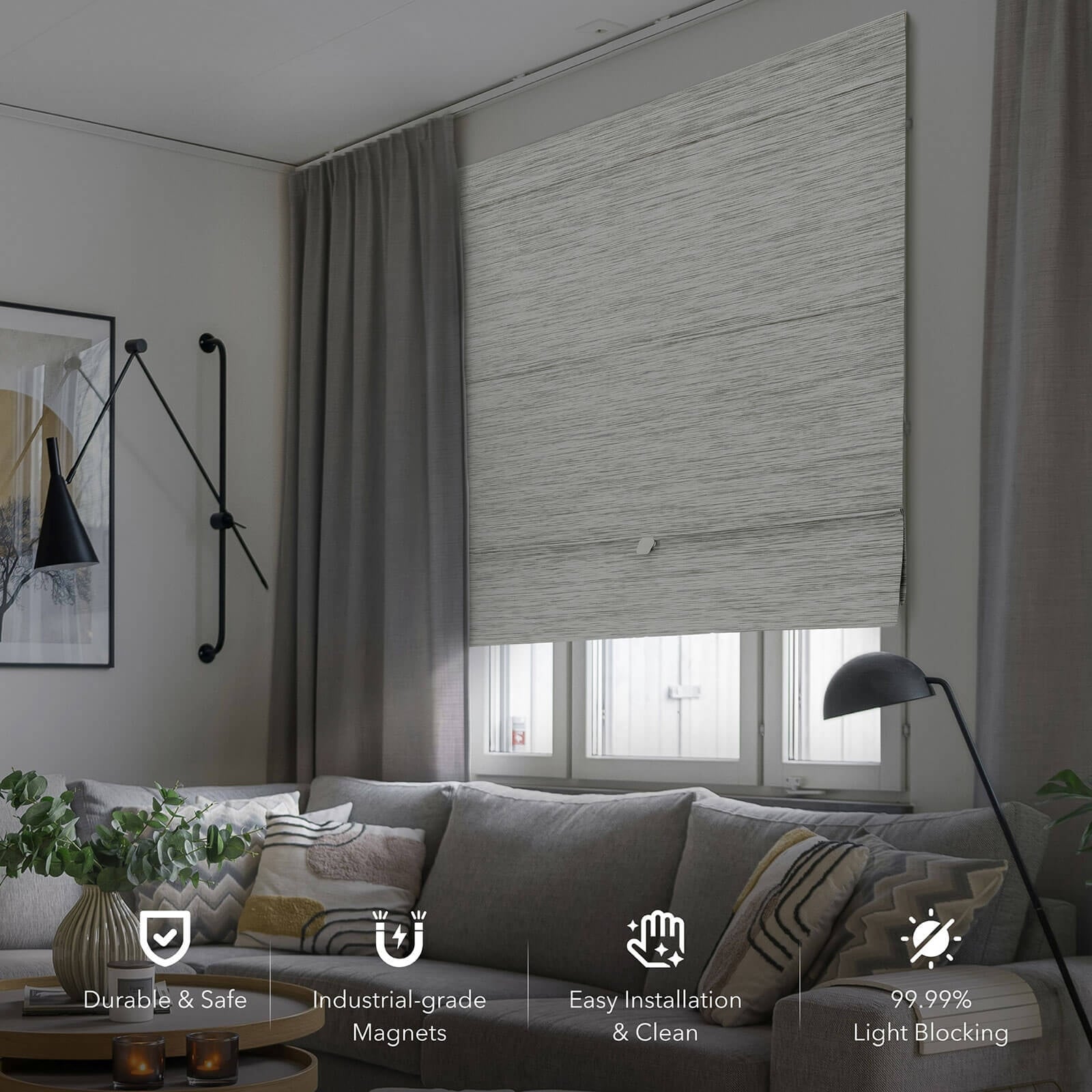 GoDear Design 99.99% Blackout Magnetic Roman Shades, No Drill Cordless Woven Fabric Blinds-Multiple Widths Available, Ivory