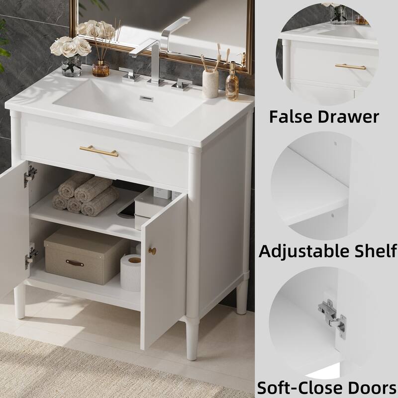 31 Inch Bathroom Vanity with Sink Soft Close Doors Adjustable Shelf Rubber Wood Legs, Curved Profile Design