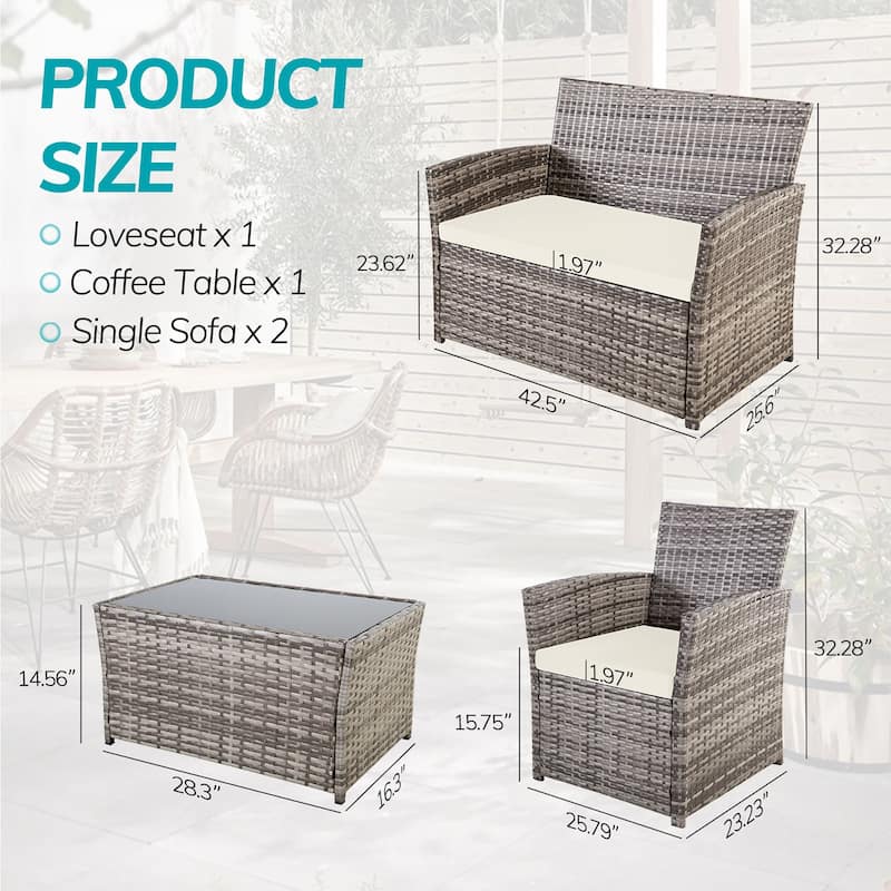4-Piece Wicker Outdoor Sofa Set, 1 Loveseats, 2 Single Sofas, 1 Table