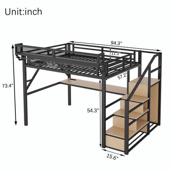 dimension image slide 1 of 2, Loft Bed with Desk and Charging Station, Metal Loft Bed with Stairs and Light for Kids and Teens