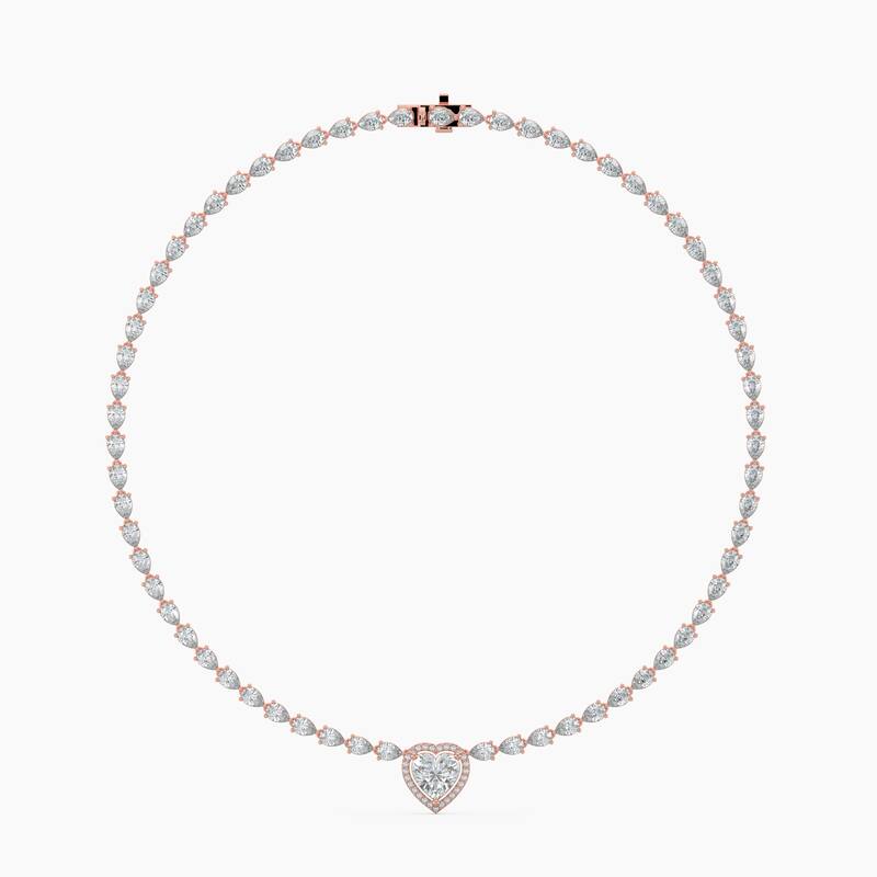 14K Gold Lab Grown Diamond Pear Cut Diamond Tennis Necklace & Halo Heart Pendant - Rose