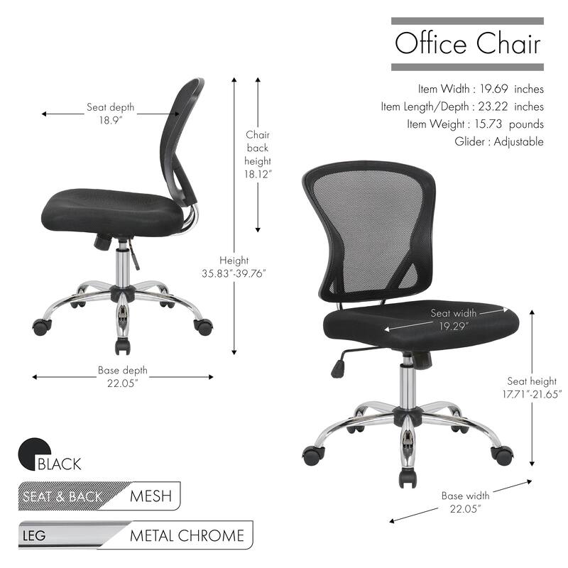 Porthos Home Cody Armless Office Chair, Mesh Back, Adjustable Height
