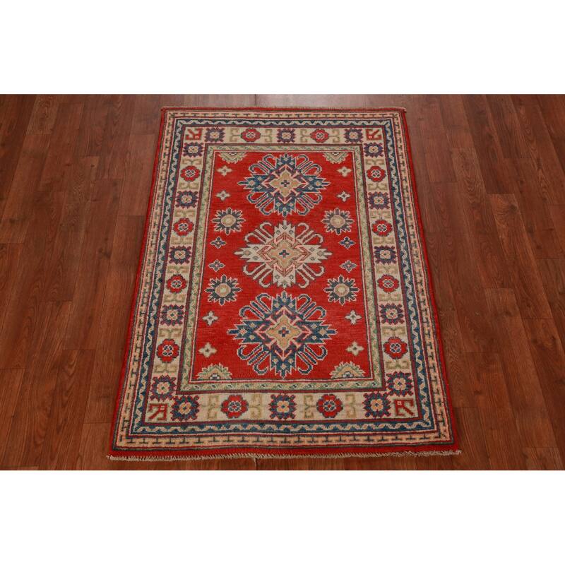 Geometric Kazak Foyer Rug Red Handmade Wool Carpet - 2'8"x 3'11"