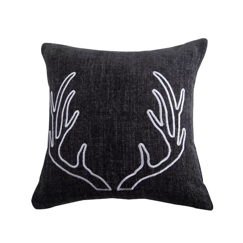 HiEnd Accents Hamilton Gray Chenille Embroidered White Antler Pillow, 18" x 18"