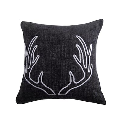 HiEnd Accents Hamilton Gray Chenille Embroidered White Antler Pillow, 18" x 18"