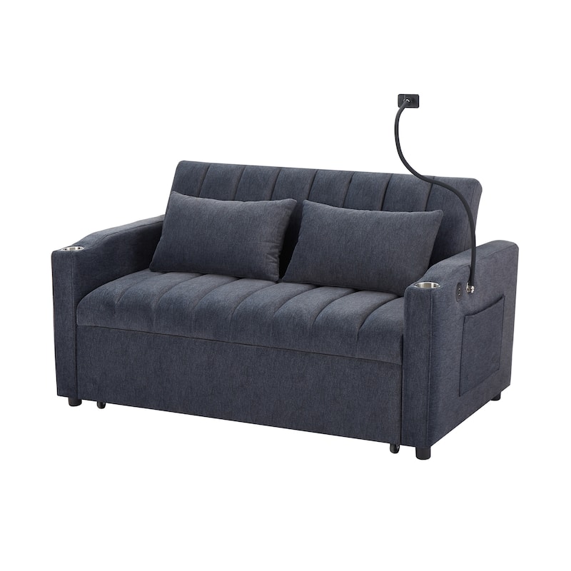 Anmytek 56 Inch Blue Grey Convertible Sofa Bed Loveseat with USB Ports Cup Holders and Swivel Phone Holder