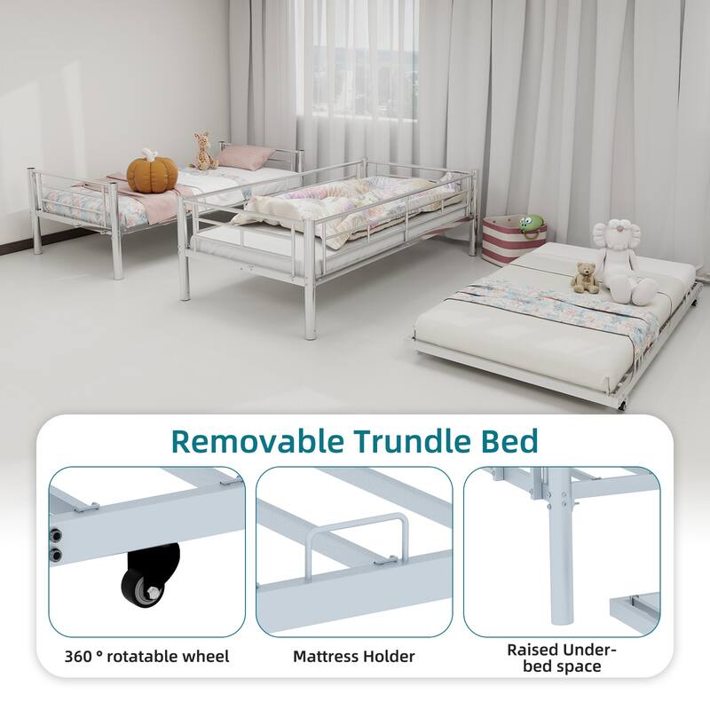 Twin Over Twin Size Metal Bunk Bed with Safety Guardrail, Noise Reduced Design and Convertible Frame, No Box Spring Needed
