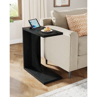 Wood 2-Tier C-Shaped Rectangular End Side Table for Living Room