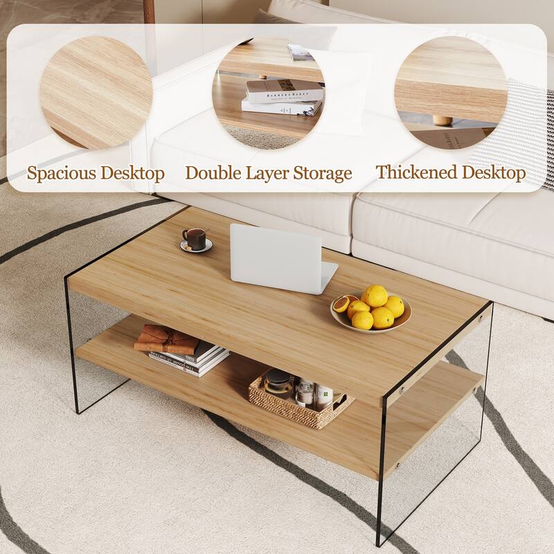 43.3" Modern Rectangular Coffee Table with Tempered Glass Legs and Storage Shelf