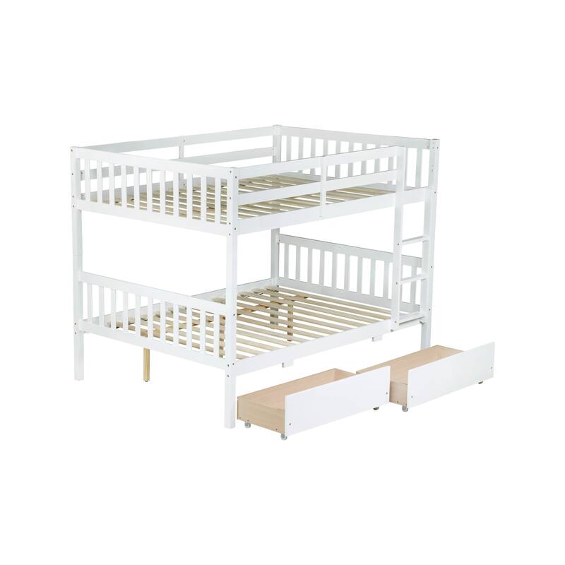 Convertible Full Over Full Rubber Wood Bunk Bed with 2 Drawers, Ladder, and Safety Guardrails, White