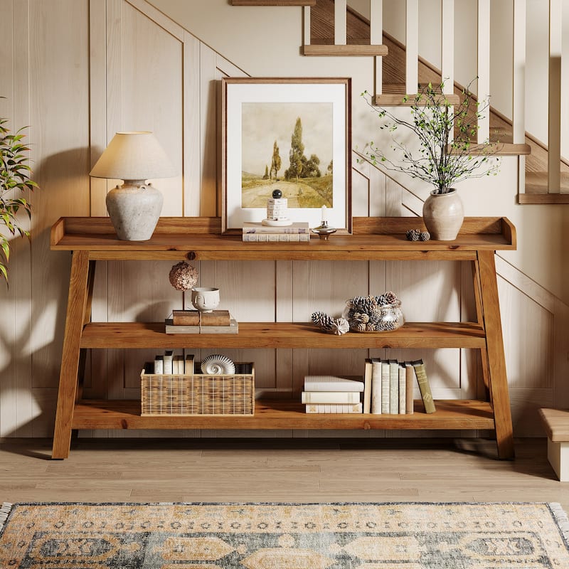 63'' 3-Tier Solid Wood Console Table with Top Side Guard for Entryway