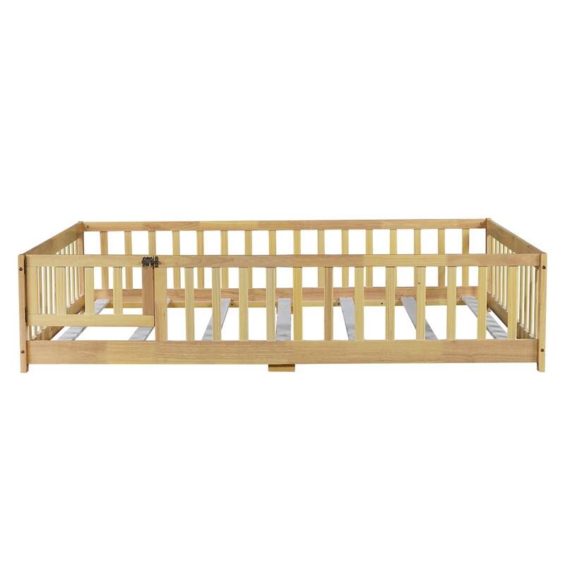 Twin/Full/Queen Size Floor Bed with Fence Guardrails and Door, Rubber Wood Toddler Bed Montessori Bed with Slats Support