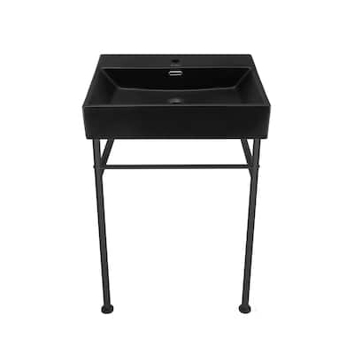 Reims 24 Ceramic Console Sink Matte Black Basin Black Legs - 16.55" x 35.45" 24"