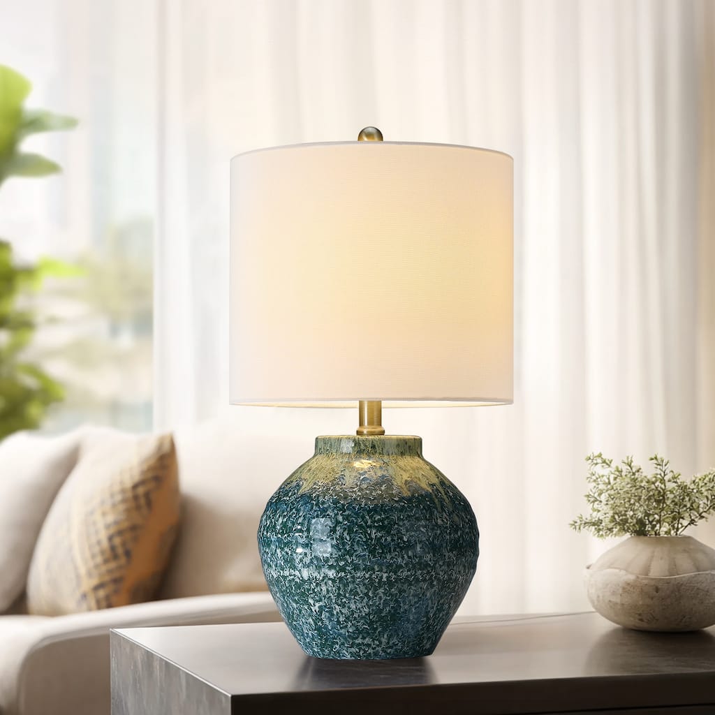 Green Ceramic Table Lamp with Drum Shade - 19 in. H