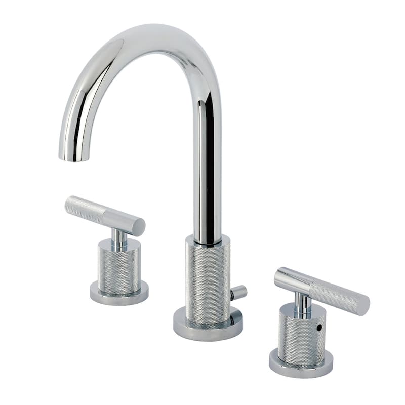 Kingston Brass Convergent Two-Handle 3-Hole Deck Mount Widespread Bathroom Faucet with Knurled Handle and Brass Pop-Up Drain - Polished Chrome