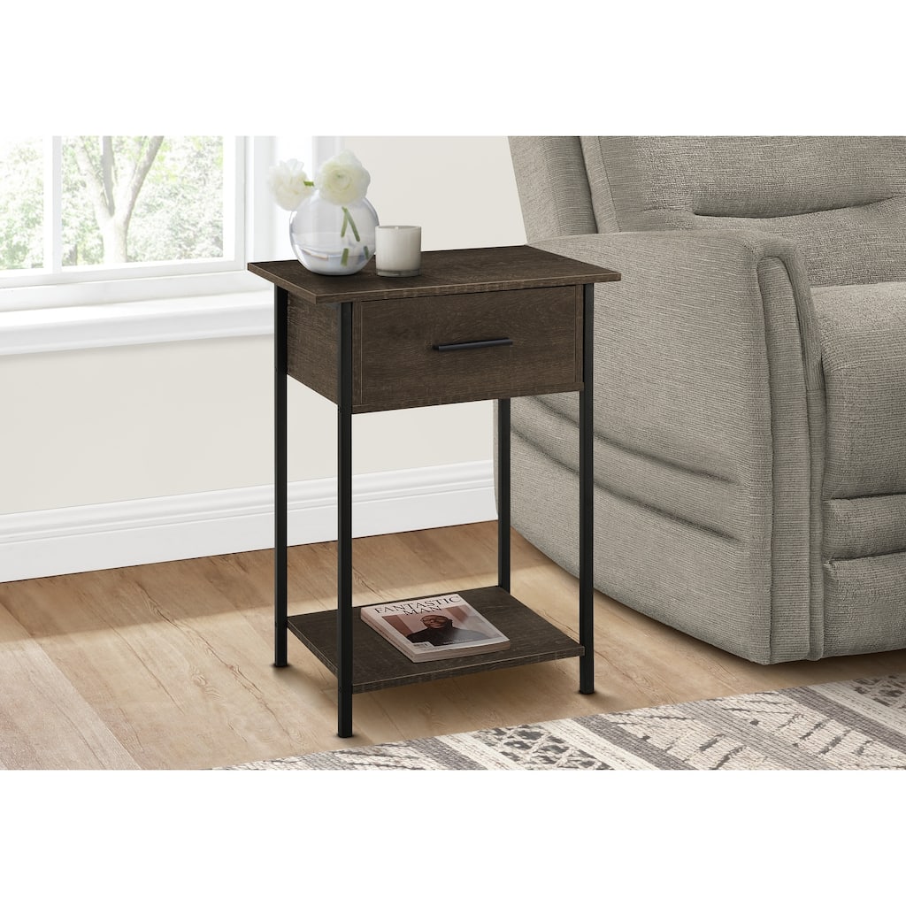 Accent Table, 2 Tier, End, Lamp, Living Room, Side Table, Storage Drawer, Small, Dark Oak Laminate, Black Metal, Contemporary