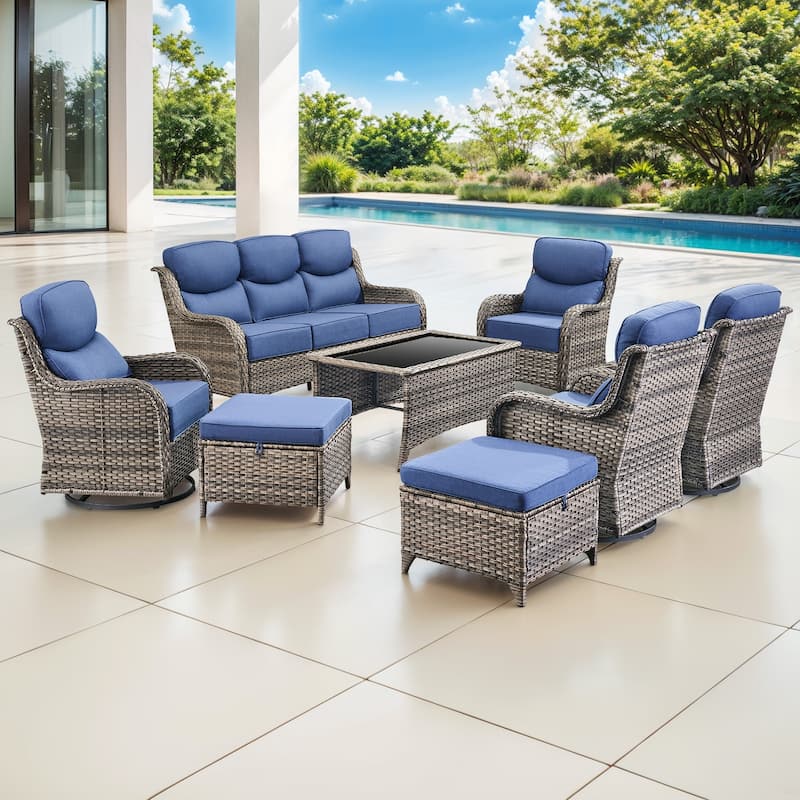 Gymojoy 8-Piece Patio Furniture Set with Swivel Glider Chairs, 6-Inch Ultra-Plush Cushions & Water-Resistant Olefin Fabric - Grey Wicker / Blue Cusion - 8-Piece
