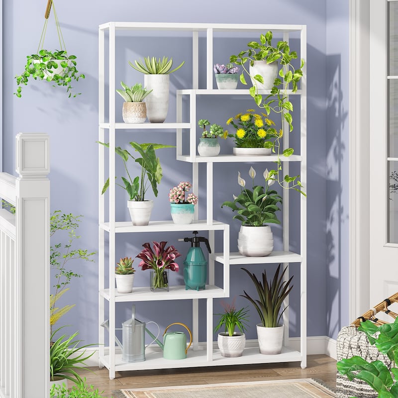 Etagere Bookcase 8 Tier Bookshelf with Gold Metal Frame and White Faux Marble Board for Home office, Living Room