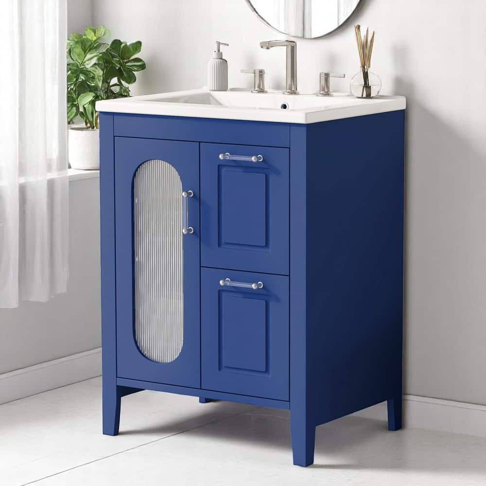 Modern 24" Bathroom Vanity with Sink, Ceramic Top, Adjustable Shelf, 2 Drawers and Door, Solid Wood