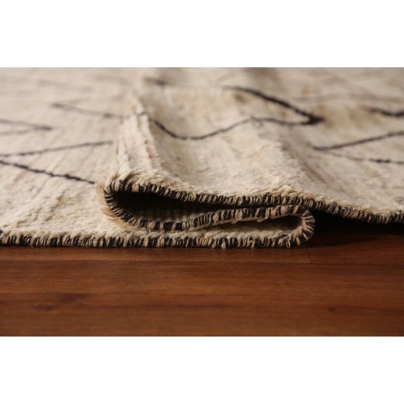 Geometric Moroccan Oriental Rug Hand-Knotted Beige Wool Carpet - 6'7" x 9'11"