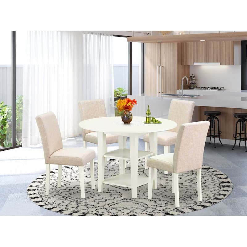 HomeStock 5-Piece Round Linen White Finish Solid Wood Top Dining Table with 4-Parson Chair with Lattice Back