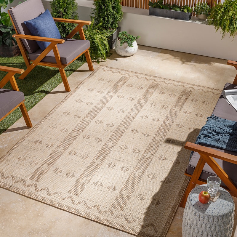 Livabliss Kaylin Indoor/ Outdoor Geometric Stripe Area Rug - 6'7" x 9' - Beige/Cream