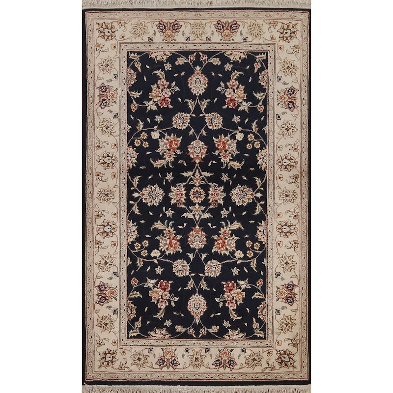 Hand Knotted Oriental Wool & Silk Carpet Traditional Floral Navy Blue & Blues Tabriz Area Rug - 4' 11'' X 3' 1''