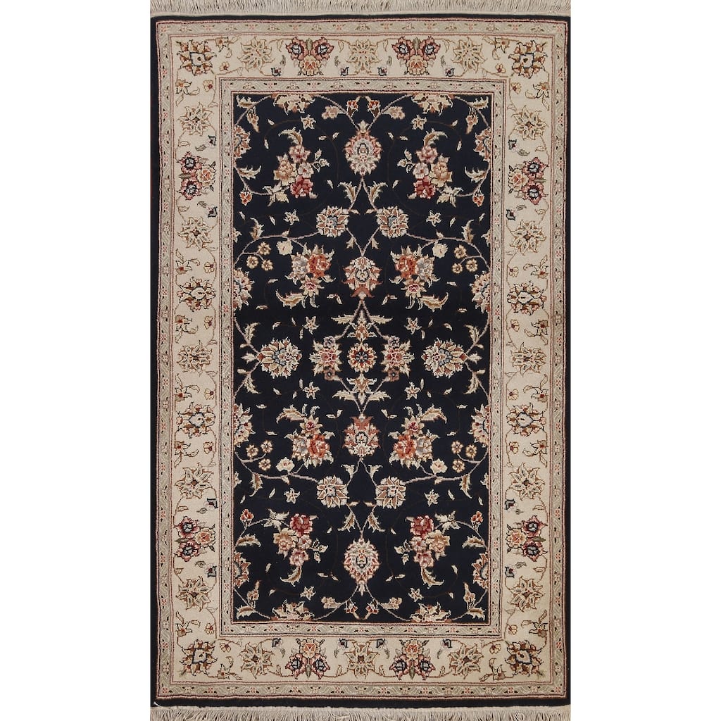 Hand Knotted Oriental Wool & Silk Carpet Traditional Floral Navy Blue & Blues Tabriz Area Rug - 4' 11'' X 3' 1''