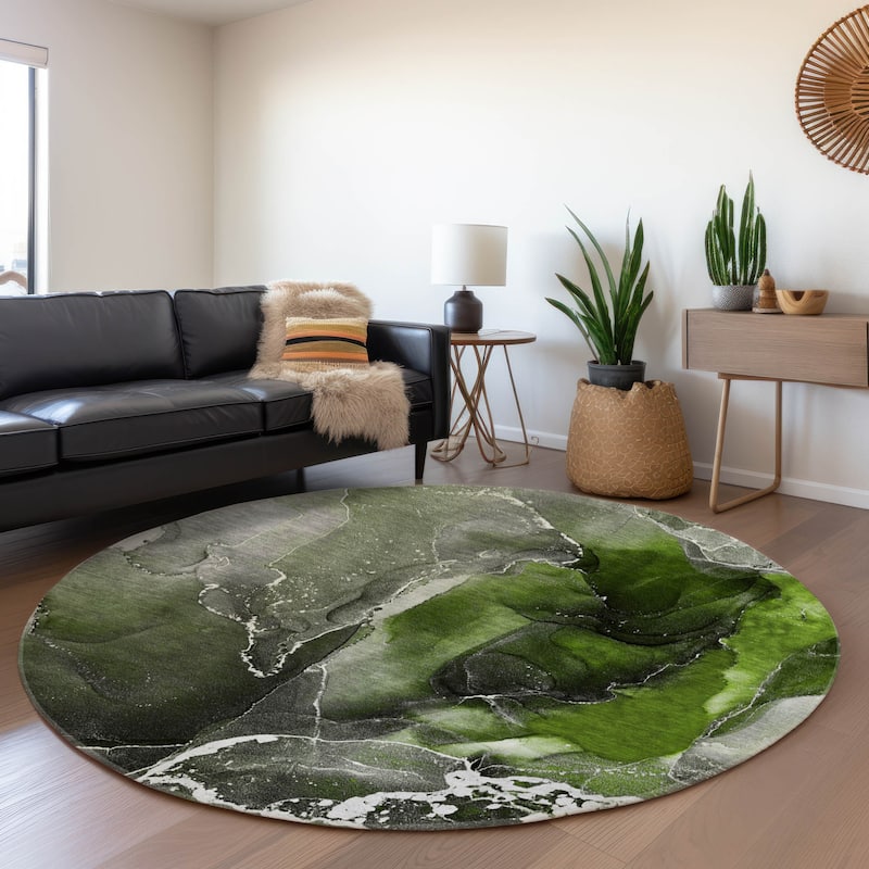 Premium Washable Super Soft Abstract Contemporary Mayfield Rug - Green - 8' x 8' - Round