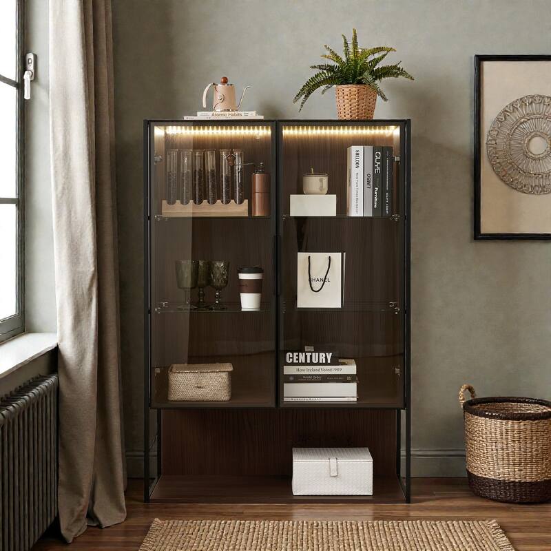 51.2'' Lighted Display Cabinet with Glass Doors, 4-Tier Adjustable Tempered Shelves & Metal Frame for Living Room or Kitchen - Brown