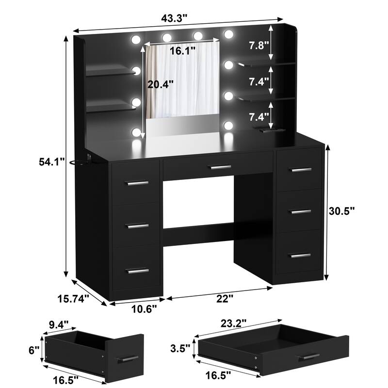 Furniwell Makeup Vanity with Mirror and Drawers Vanity Desk Set with 3 Modes Adjustable Brightness Lights and USB Power Outlet