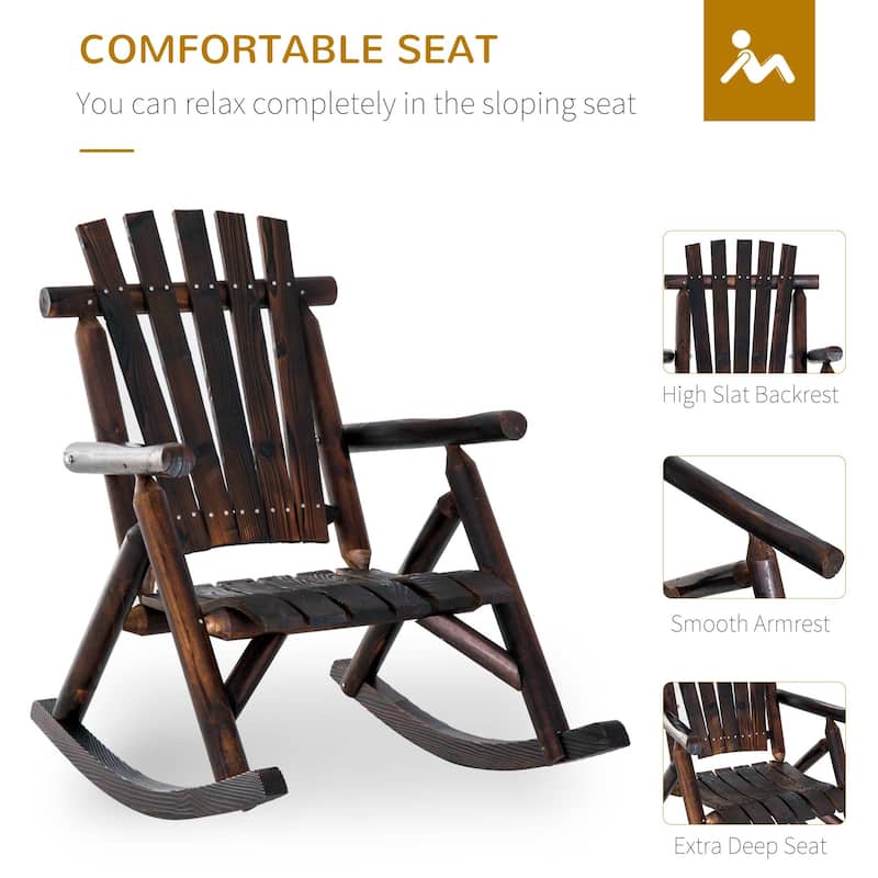 Outsunny Outdoor Rustic Adirondack Rocking Chair, Fir Wood Log Slatted Design Patio Rocker for Porch Garden Lounging
