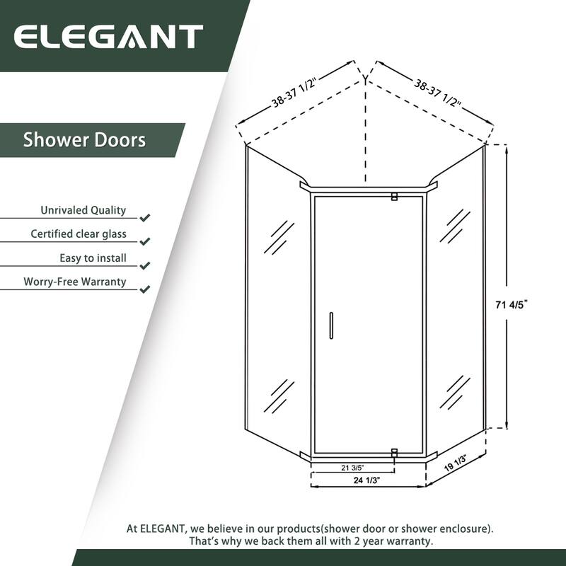 Elegant Neo-angle Frameless Sliding Shower Enclosure 36.5" W x 36.5" D x 72" H with 1/4" Frosted Glass Shower Door