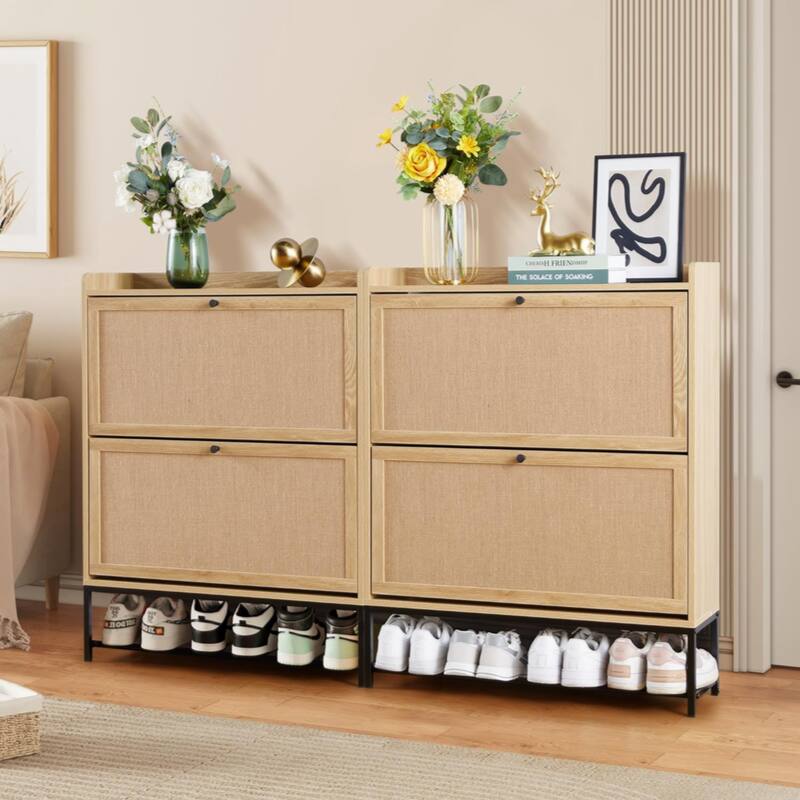 Shoe Cabinet Set of 2, Wooden Narrow Shoe Racks Cabinet Storage with 2 Flip Drawers - Dark Oak