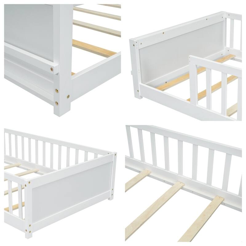 Twin Size Wood Floor Platform Bed with Built-in Book Storage Rack