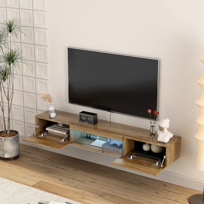 63" Floating TV Stand with Storage, LED Lights & Power Outlet for TVs Up to 60"