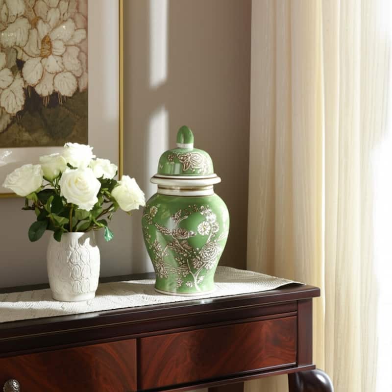 Ceramic Decorative Temple Jar Bird Flower with Lid for Home Decor - 6" x 6" x 10.6"