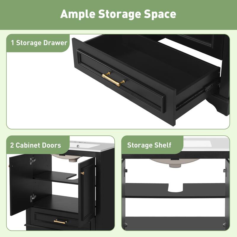 30" Bathroom Vanity with Ceramic Sink, Solid Wood Frame, 2 Soft-Close Doors, Storage Cabinet with Shelf