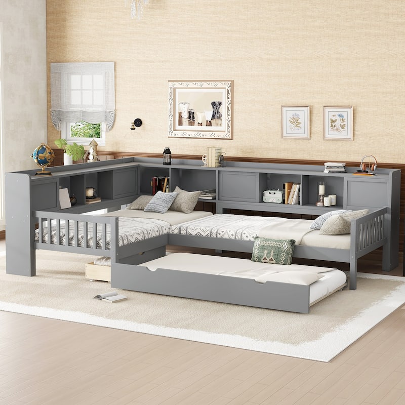 L-shaped Bunk Platform Bed Twin Size Solid Wood Storage Bedframe with Trundle, Drawer and Open Shelves for Boys, Girls, Kids