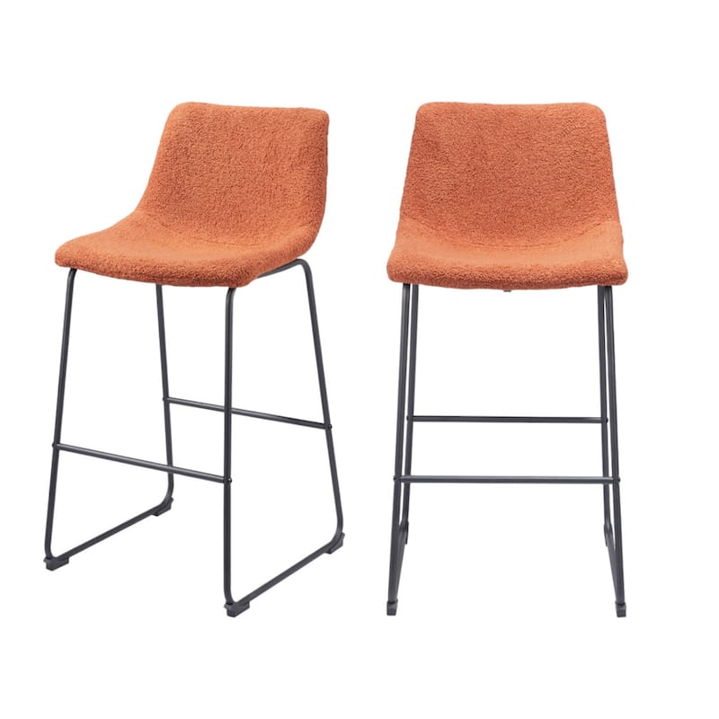 Set of Two 29" Burnt Orange and Black Shearling and Steel Bar Height Bar Chairs