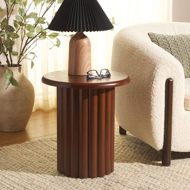 SAFAVIEH Monka Round Top Pedestal End Table, Fully Assembled - 18"W x 18"D x 20"H - Walnut