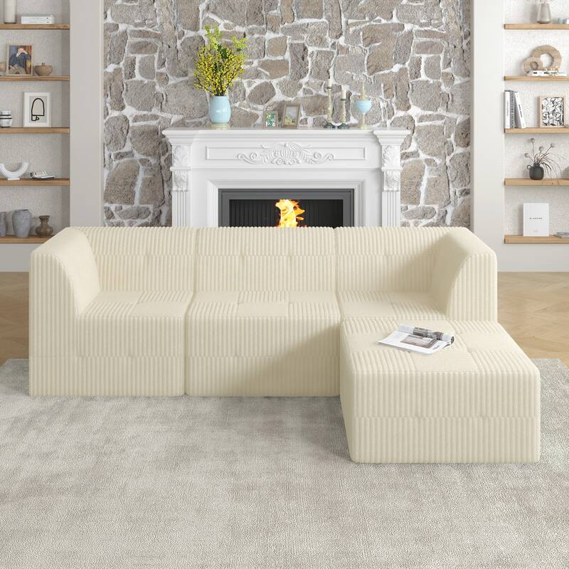 Minimalist Corduroy Upholstered Sectional Sofa with Chaise, Modular Compressed Sleeper Couch with Ottoman for Living Room - Beige