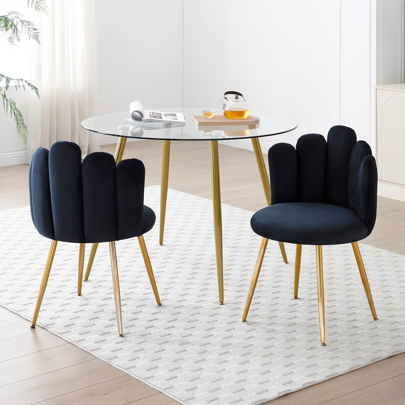 Modern Velvet Dining Chairs Set of 2,Upholstered Woven Dining Chair with Golden Metal Legs,for Dining Room - Black