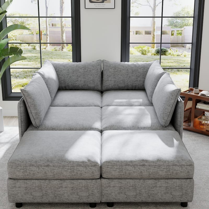 129" Chenille Sectional Sofa with Storage and Two Ottomans