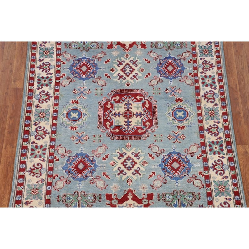 Light Blue Geometric Kazak Rug Handmade Wool Carpet - 4'11" x 6'6"