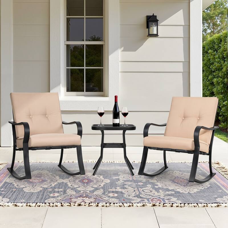 3-piece Outdoor Rocking Chair Chat Set with Side Table - Brown