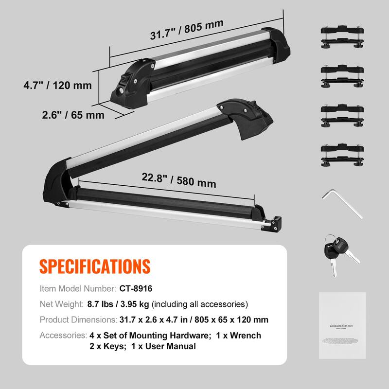 Ski and Snowboard Roof Rack Aluminum Snowboard Ski Rack with Lock & Rubber Padding - 31.7 inch