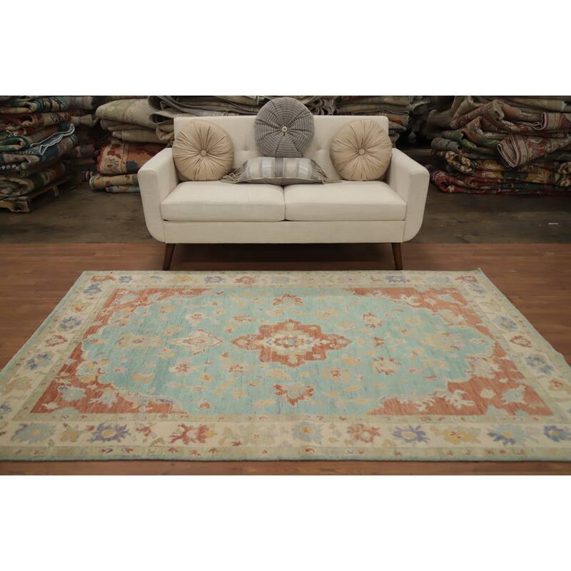Hand Knotted Oriental 100% Wool Carpet Transitional Floral Navy Blue & Blues Oushak Area Rug - 7' 11'' X 5' 1''