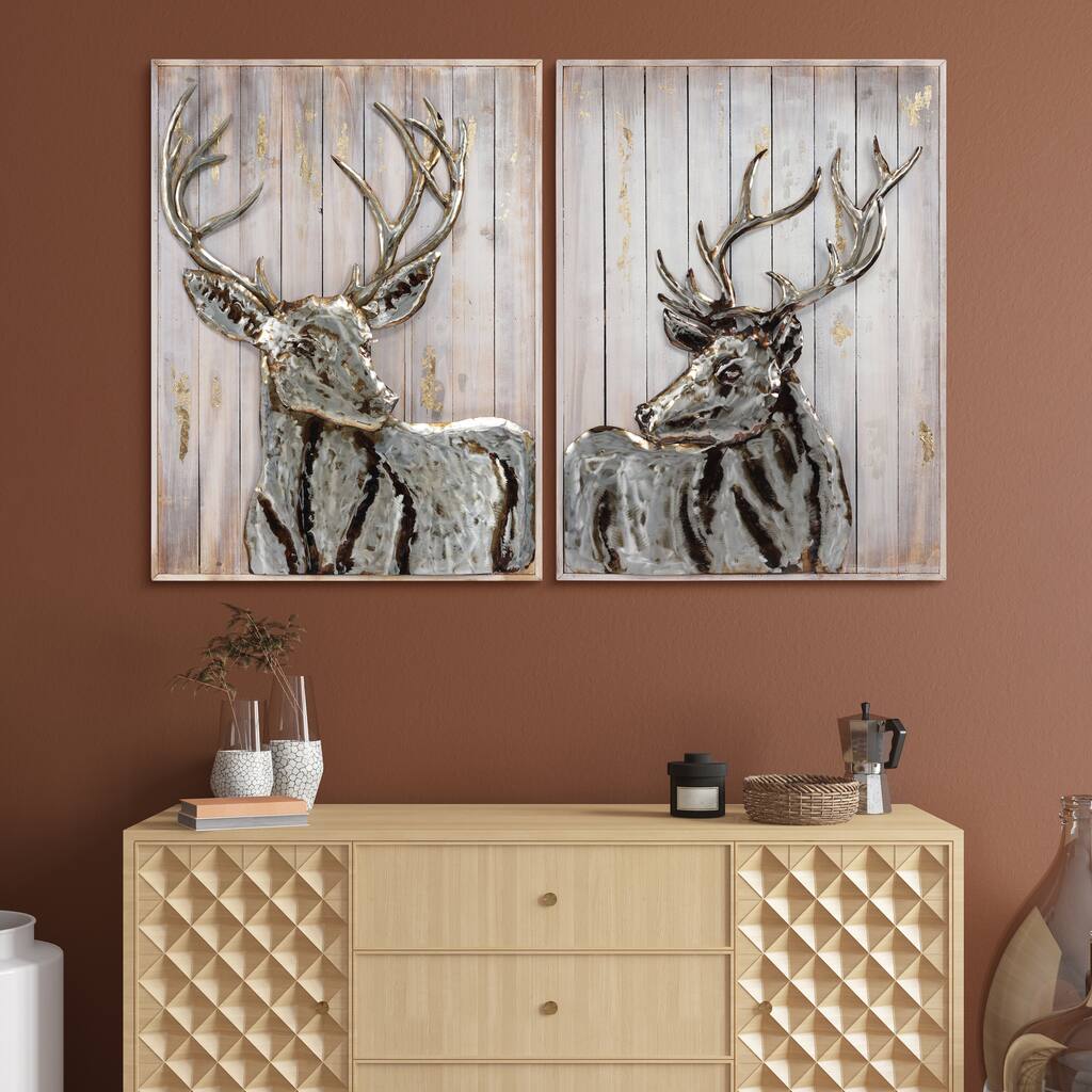 Iron Deer on Slatted Solid Wood Wall Sculpture Set of 2